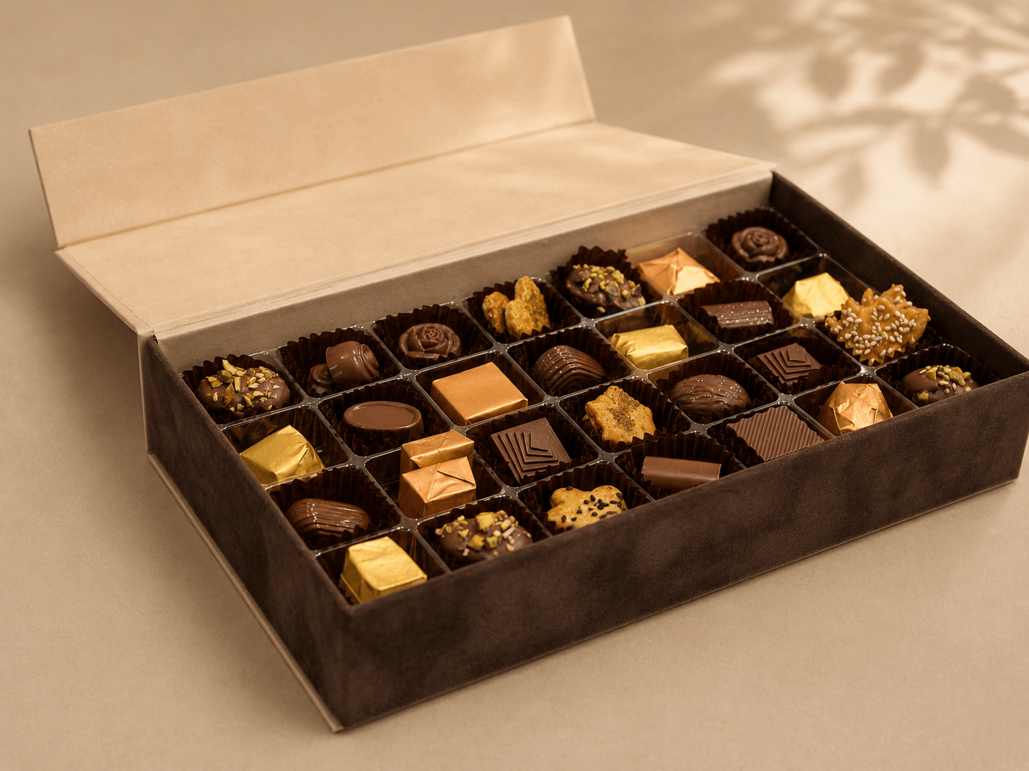 Open luxury gift box with gold foil detailing and presentation ribbons