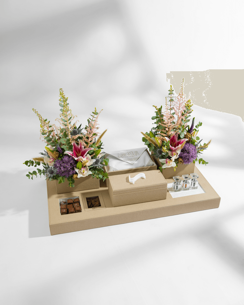 Beige leather Vow platform with symmetrical pink and lavender floral arrangements