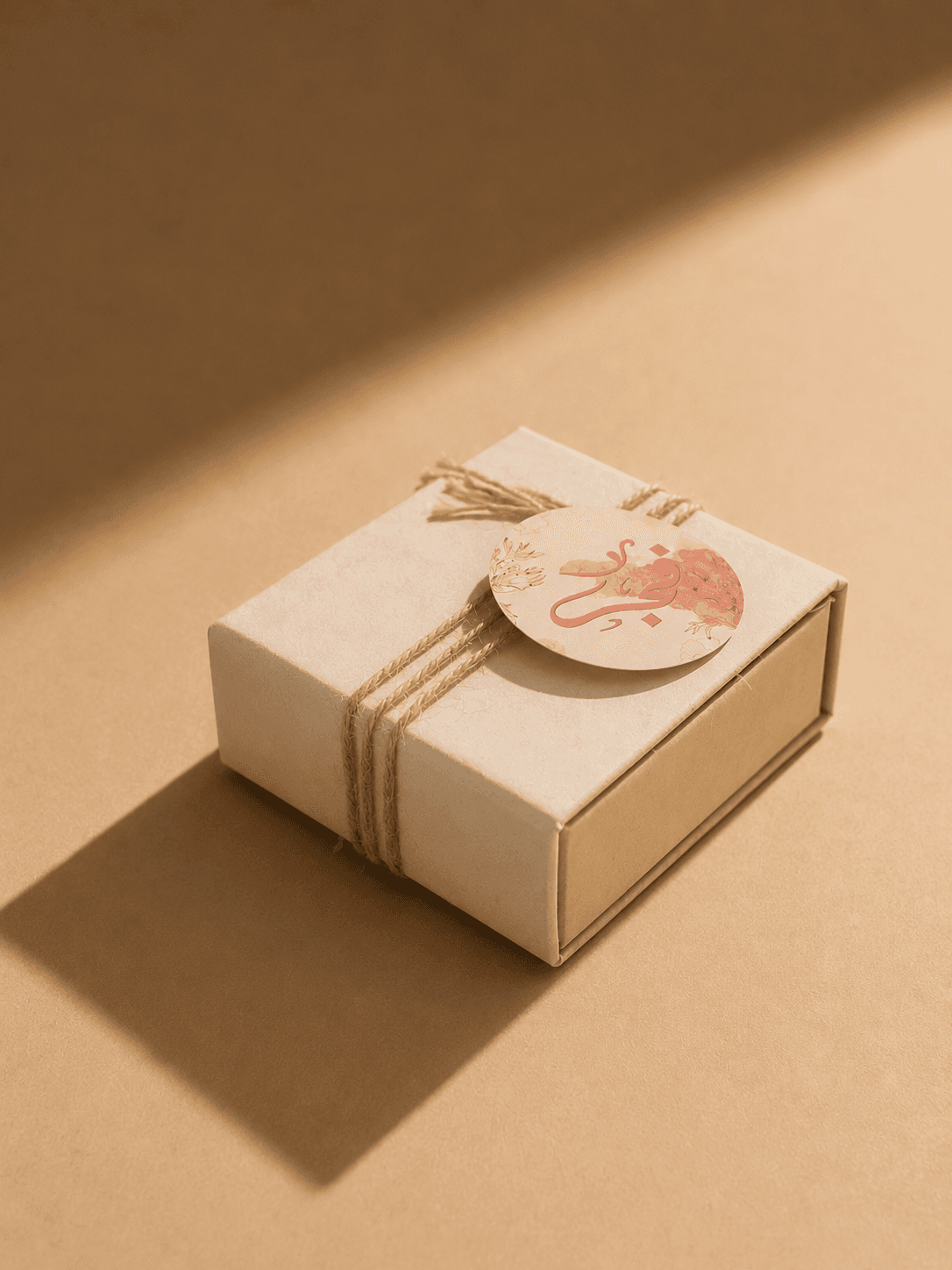 Cream gift box tied with twine and a circular branded tag