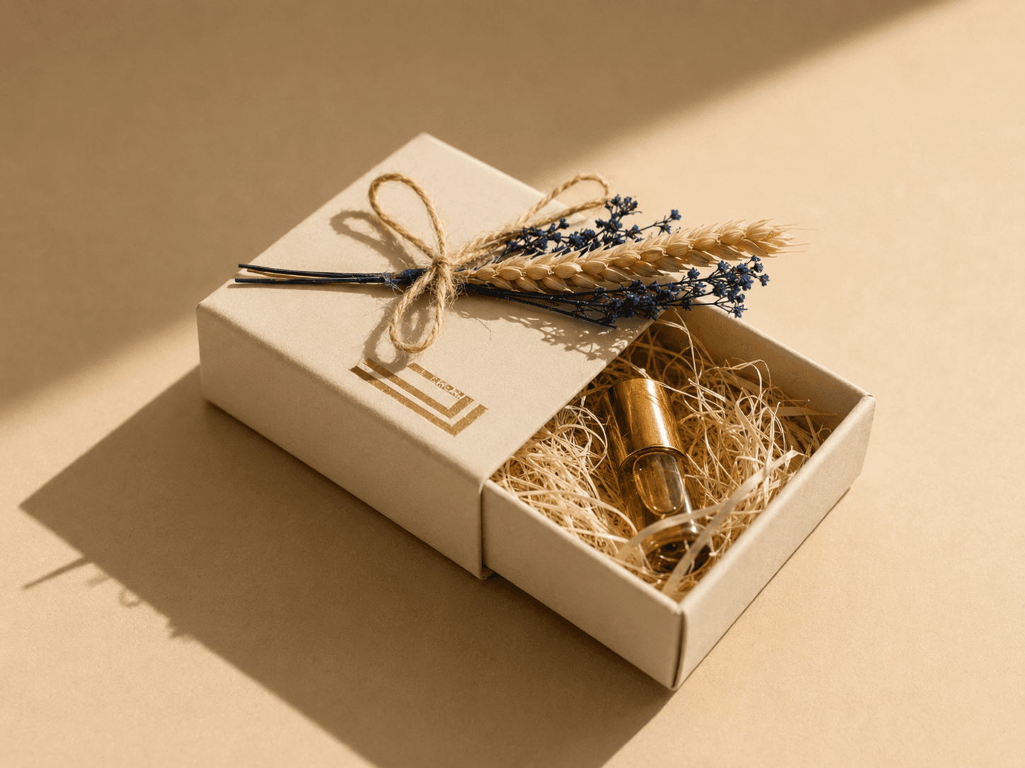 Open cream gift box with perfume bottle, lavender, and wheat stems