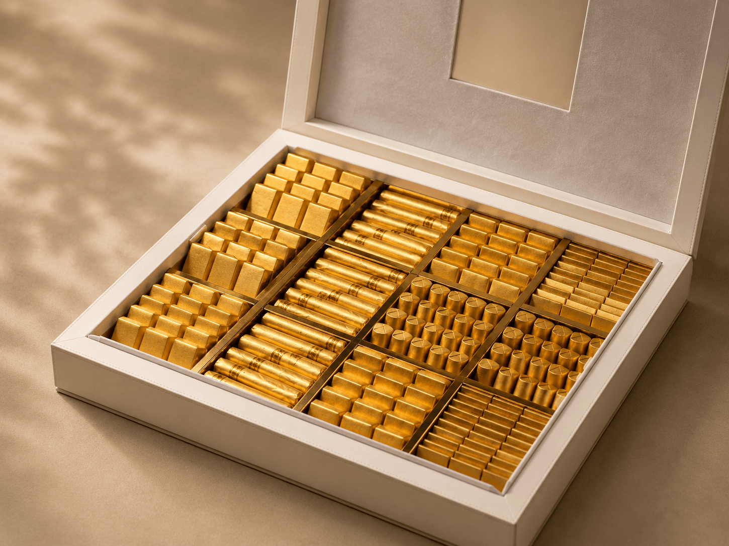 Open cream luxury gift box with gold-wrapped chocolates arranged in sections, dappled shadow