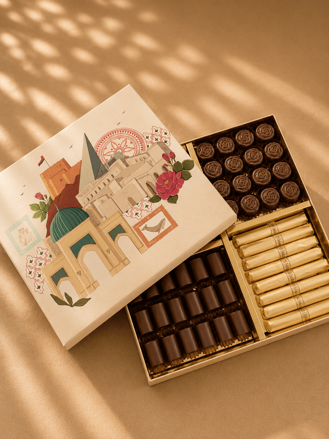Open Muscat castle illustrated chocolate box on warm gold surface with dappled shadow